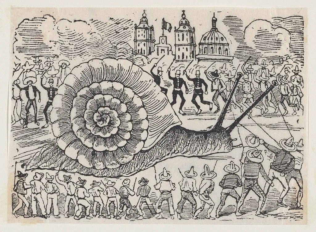 A group of people attacking a giant snail