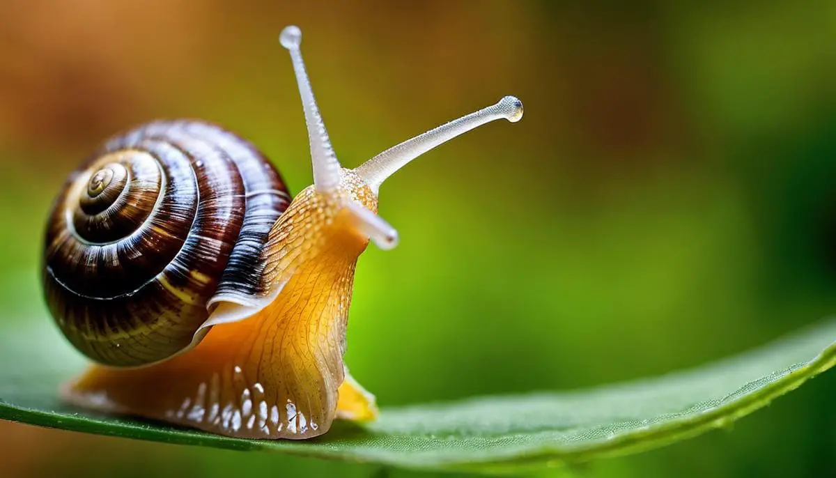 A close-up image of a snail on a leaf, showcasing the beauty and elegance of the snail's journey.
