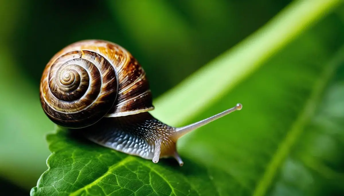 A close-up photograph of a snail on a green leaf, showcasing its intricate shell and slow movement.