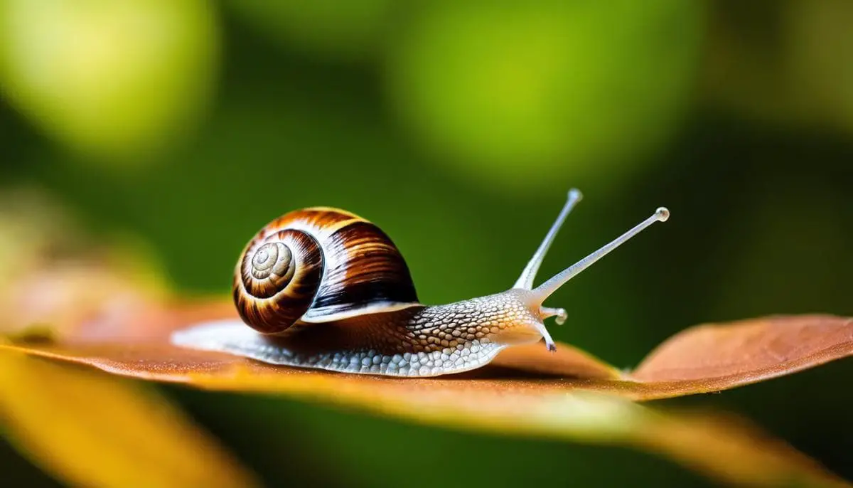 A close-up image of a snail crawling on a leaf, representing the importance of snail mucin in skincare.