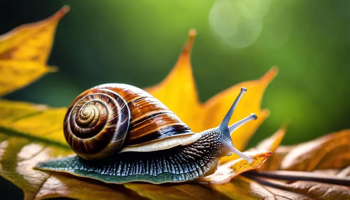 An image of a snail slowly moving on a leaf with its spiral shell on full display, symbolizing wisdom and contemplation.